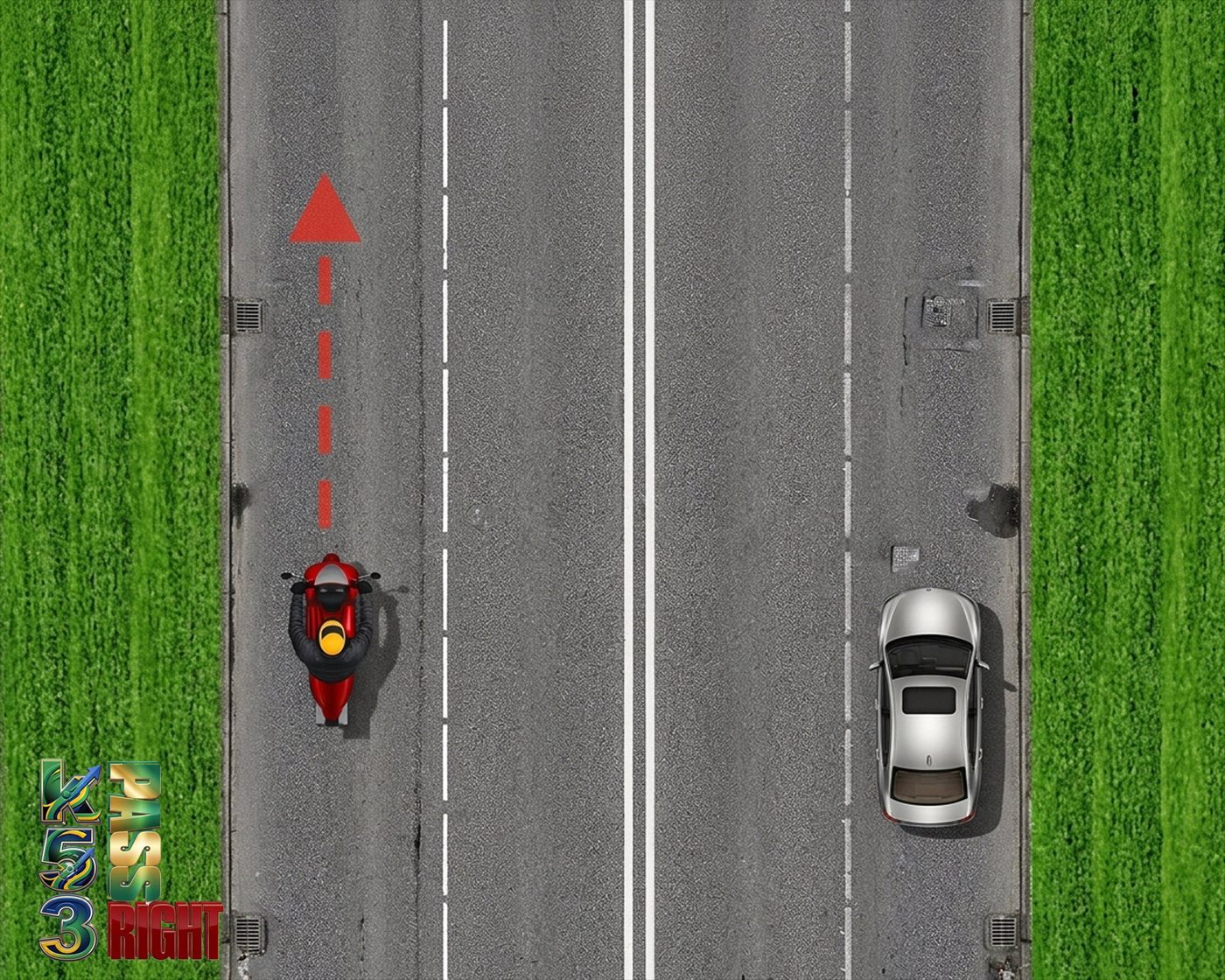 Motorcyclist choosing a lane away from oncoming traffic on a multi-laned road